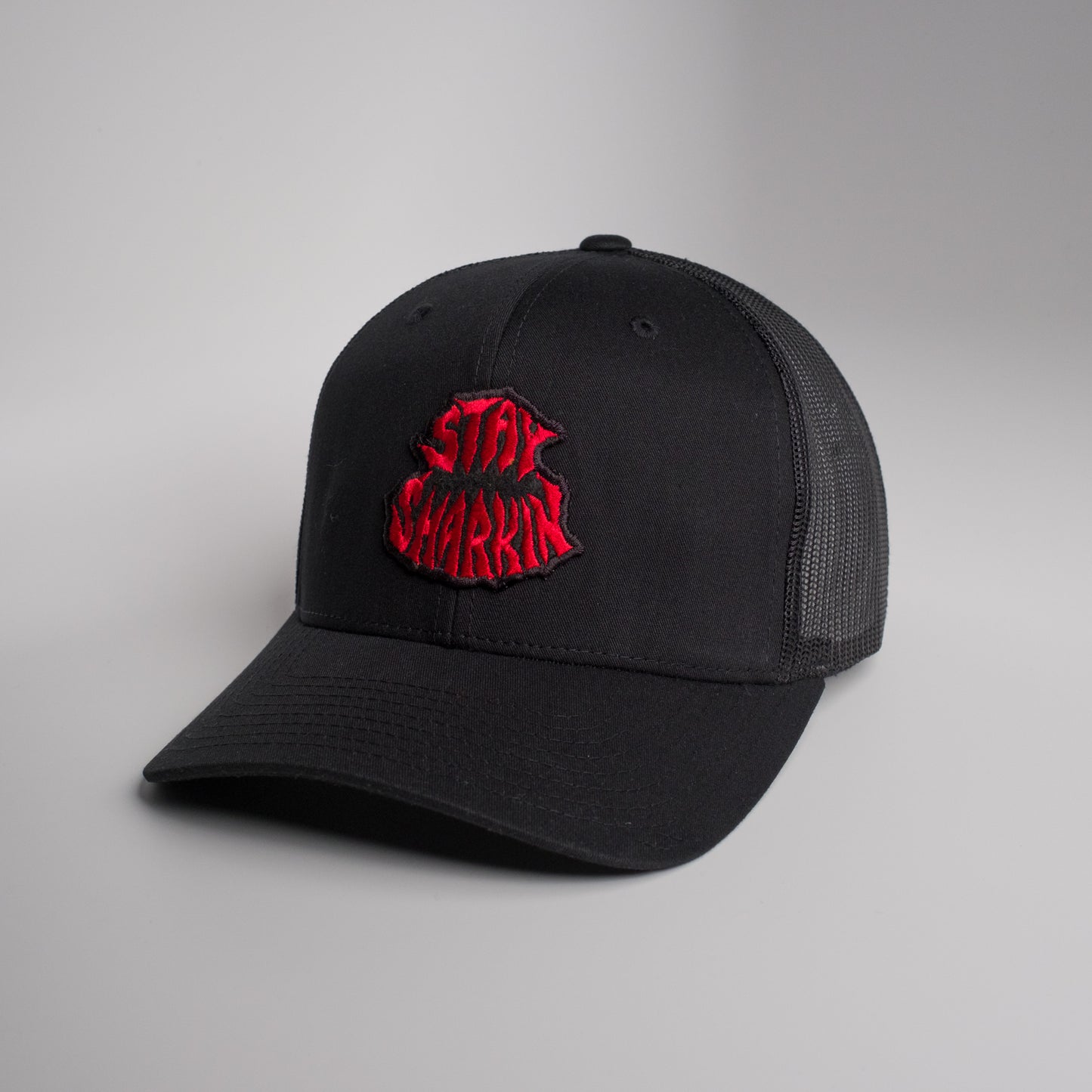 Stay Sharkin Red Patch on Black Trucker Snapback