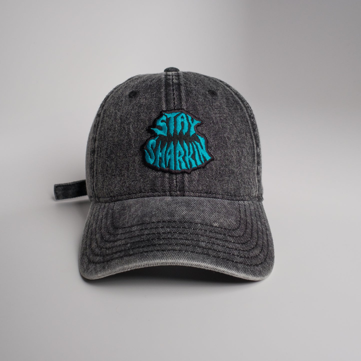 1 of 1 Stay Sharkin on a Black Snow Washed Denim Dad Hat