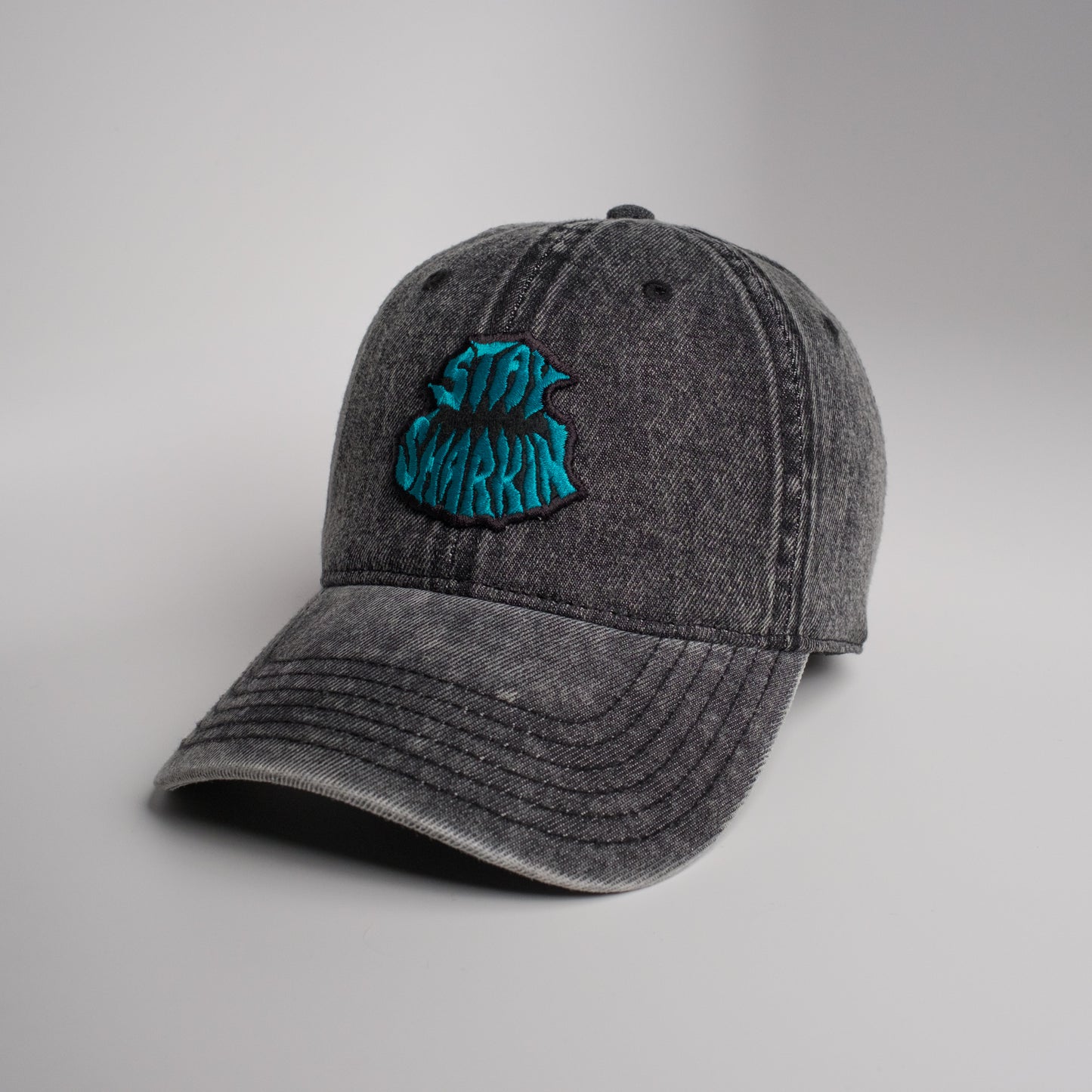 1 of 1 Stay Sharkin on a Black Snow Washed Denim Dad Hat