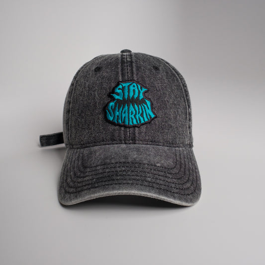 1 of 1 Stay Sharkin on a Black Snow Washed Denim Dad Hat